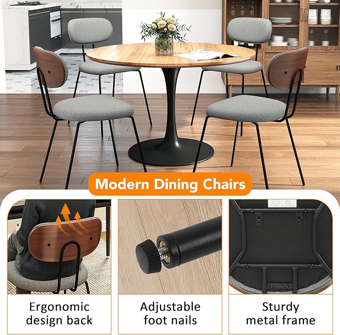 LSSPAID Dining Chairs Set of 4, Linen Fabric Upholstered Dining Room Chairs with Walnut Bentwood Back, Mid-Century Modern Kitchen Chairs with Adjustable Feet Pads, Grey