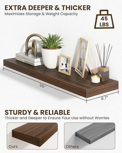 Marsmiles 36" Floating Shelves for Wall, Wooden Shelves with Invisible Brackets Set of 2, Rustic Farmhouse Wall Mounted Shelf for Kitchen Bathroom Living Room Study, Walnut