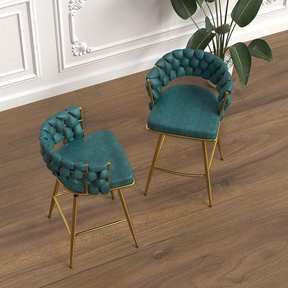 LUMISOL Bar Stool Set of 2, Golden Legs Bar Stools No Adjustable Kitchen Island Chairs Upholstered Bar Chair Counter Stool Arm Chairs with Back Footrest, Blue