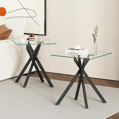 Square Side Table with X-Shaped Chrome Metal Base, Tempered Glass End Tables Small End Table, Living Room Sofa Couch Side Table, Modern Bedsde Tables Bedroom Night Stand, Black Nightstand