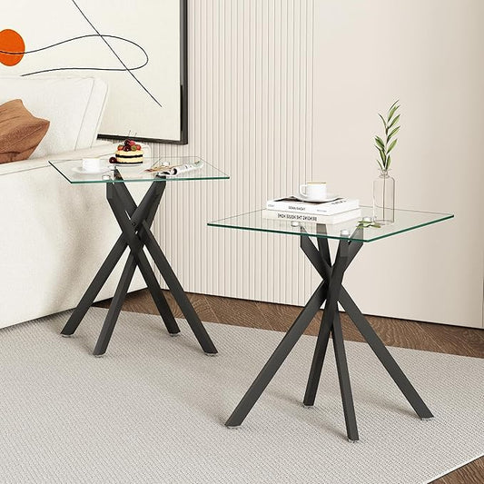Square Side Table with X-Shaped Chrome Metal Base, Tempered Glass End Tables Small End Table, Living Room Sofa Couch Side Table, Modern Bedsde Tables Bedroom Night Stand, Black Nightstand