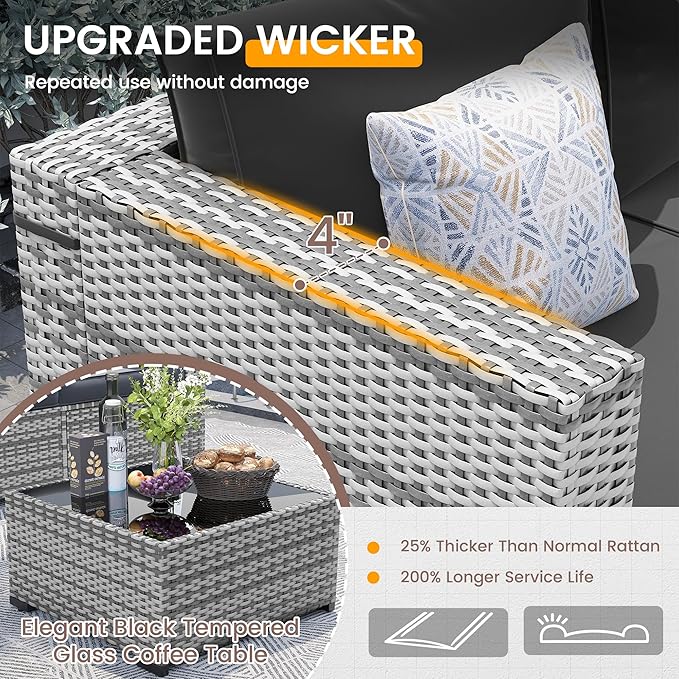 UDPATIO Outdoor Patio Furniture Set, 7 Piece PE Wicker Sectional Sofa with Tea Table, Outdoor Conversation Set with Waterproof Cover for Patio, Garden, Backyard (Black Cushions with Grey Rattan)