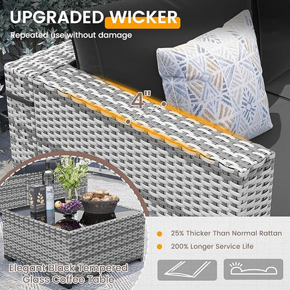 UDPATIO Outdoor Patio Furniture Set, 7 Piece PE Wicker Sectional Sofa with Tea Table, Outdoor Conversation Set with Waterproof Cover for Patio, Garden, Backyard (Black Cushions with Grey Rattan)