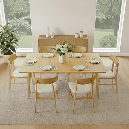KISLOT Wooden Dining Chairs Set of 6, Upholstered Modern Dining Room Chairs, Mid Century Oak Kitchen Chairs with Curved Wood Backrest for Kitchen, Restaurant, Farmhouse (Cream Fabric & Original Color)