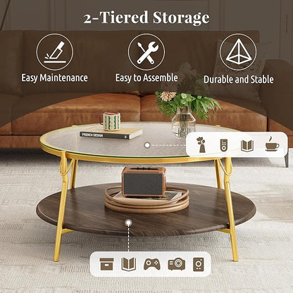 Modern Round Walnut 2-Tiered Coffee Table with Glass Top and Gold Base for Living Room, 29.9"