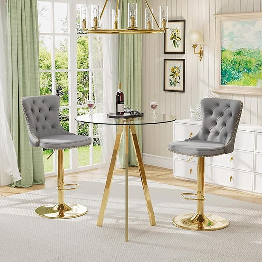 31.5'' Glass Pub Table and Chairs Set, Retro Adjustable Bar Stools, Small Round Bistro Bar Table with 2 Velvet Metal Bar Stools (Gold Metal Legs, Clear Top + Grey Chair)