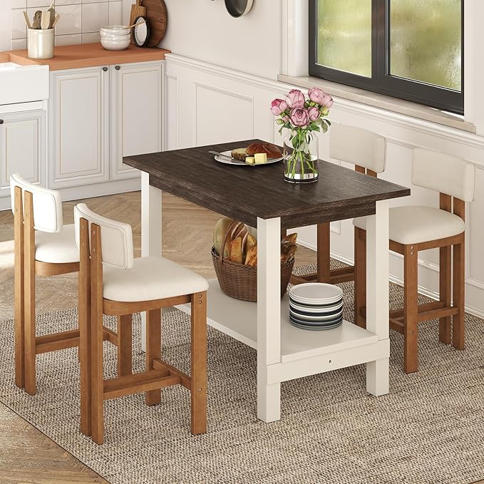 5-Piece Counter Height Dining Table Set for 4, Bar Height Table and 4 Bar Stools for Kitchen Island/Dining Room(Brushed Brown Table & White Barstools)