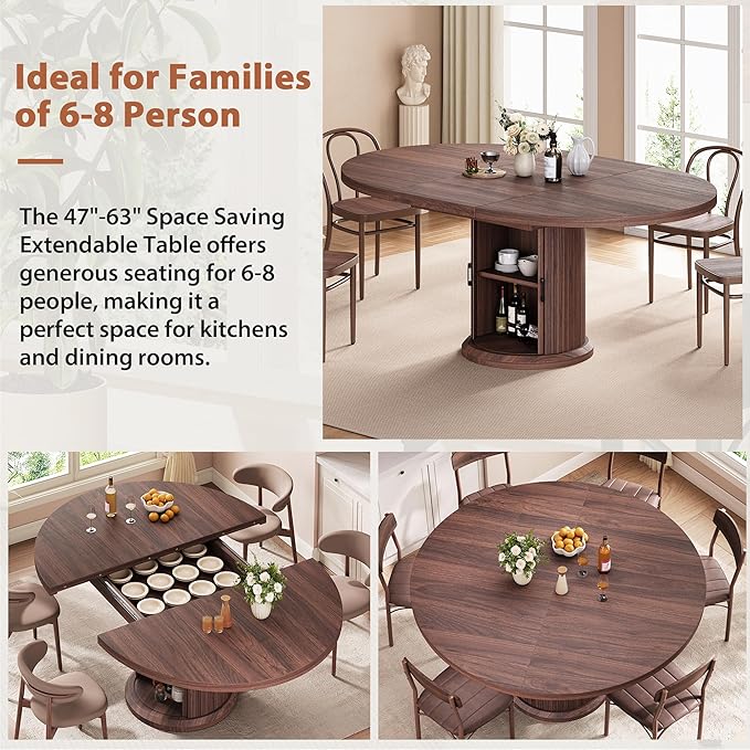 Jocoevol 47″–63″ Extendable Round Dining Table for 4–8 with Dust-Proof 2-Tier Storage Shelf Space Saving Expandable Wood Oval Circle Dinner Furniture with Pedestal Base (Black)