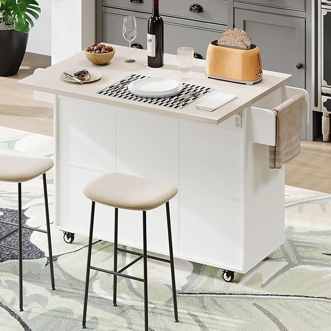 Ball & Cast Kitchen Island with Trash Can Storage Cabinet,Kitchen Cart W/Drop Leaf,Spice Rack,Towel Rack and Drawers,Rolling Kitchen Islands on Wheels W/Adjustable Shelf for Dining Room,White Oak