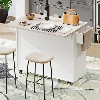 RUNNA Kitchen Island with Trash Can Storage Cabinet, Kitchen Cart with Drop Leaf, Spice Rack, Towel Rack and Drawer, Rolling Kitchen Island on Wheels with Adjustable Shelf (White Oak~81)