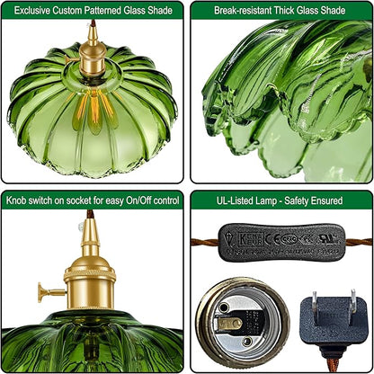 Plug-in Pendant Light Fixture, Hanging Light Fixture, Glass Pendant Light, Swag Lamp with Inline On/Off Switch for Kitchen Island, Bedroom, Dining Room, Living Room (Green Lotus, Plug-in)