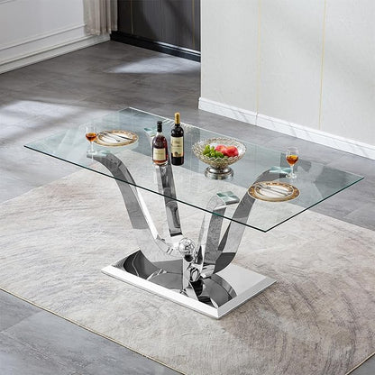 Luxury Silver Glass Dining Table for 6-8 Modern 70-Inch Rectangular Kitchen & Dining Room Table with Double U-Shape Stainless Steel Base Large Clear Glass Top Dining Table for Home Office