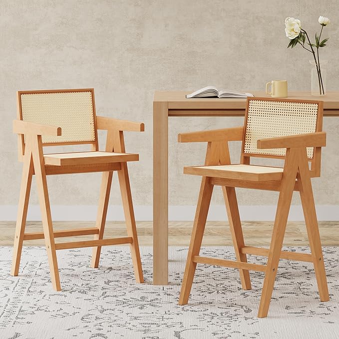 Modern Dining Chairs,Sturdy Rubberwood Frame with Woven Cane Backrest,Set of 2,Stylish Simple Natural Design,Applicable To Front Porch,Outdoor Lounge,Kitchen Island Bar Stools,Versatile Use,Natural-Wo
