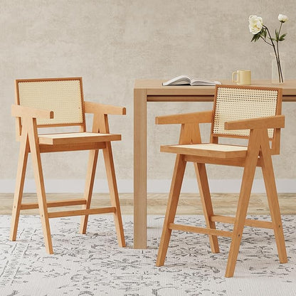 Modern Dining Chairs,Sturdy Rubberwood Frame with Woven Cane Backrest,Set of 2,Stylish Simple Natural Design,Applicable To Front Porch,Outdoor Lounge,Kitchen Island Bar Stools,Versatile Use,Natural-Wo