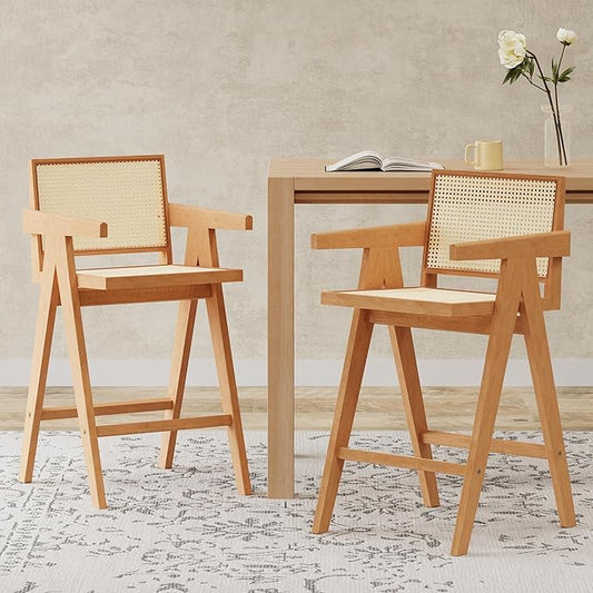 Modern Dining Chairs,Sturdy Rubberwood Frame with Woven Cane Backrest,Set of 2,Stylish Simple Natural Design,Applicable To Front Porch,Outdoor Lounge,Kitchen Island Bar Stools,Versatile Use,Natural-Wo