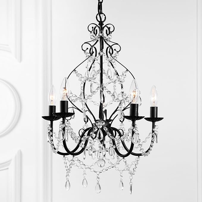 JONATHAN Y 17" Black 5-Light Crystal and Metal Chandelier, Traditional Cascading Beads, Adjustable Chain for Dining Room Entryway, UL Listed, LED Bulbs Included JYL9016A