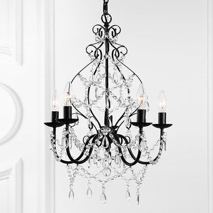 JONATHAN Y 17" Black 5-Light Crystal and Metal Chandelier, Traditional Cascading Beads, Adjustable Chain for Dining Room Entryway, UL Listed, LED Bulbs Included JYL9016A