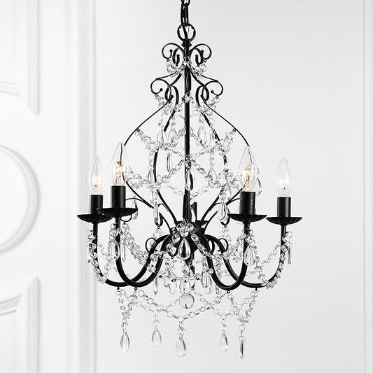 JONATHAN Y 17" Black 5-Light Crystal and Metal Chandelier, Traditional Cascading Beads, Adjustable Chain for Dining Room Entryway, UL Listed, LED Bulbs Included JYL9016A