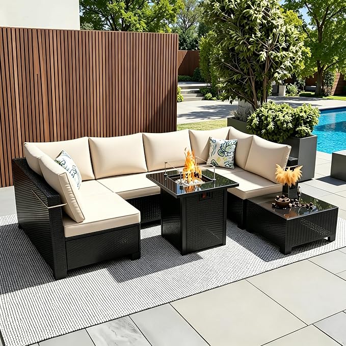 8 Pcs Patio Furniture Set with Fire Pit Table Wicker Outdoor Sectional Sofa, Conversation Set Perfect for Backyard, Garden, Deck (Coffee/Beige)