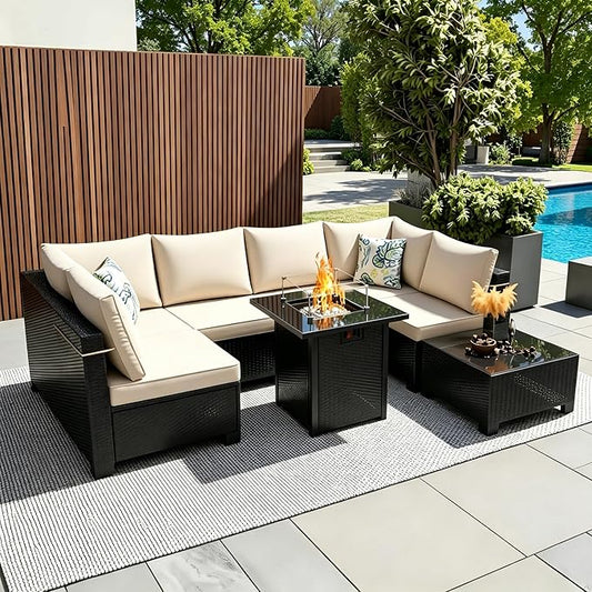 8 Pcs Patio Furniture Set with Fire Pit Table Wicker Outdoor Sectional Sofa, Conversation Set Perfect for Backyard, Garden, Deck (Coffee/Beige)