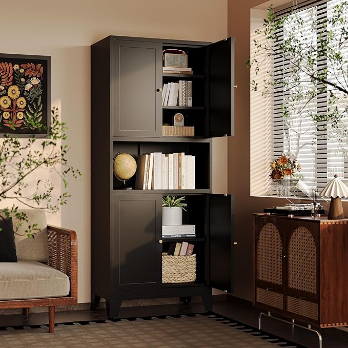 69" H Kitchen Pantry Cabinet with Countertop,Kitchen Hutch Cabinet with Storage,Black Metal Storage Cabinet,Microwave Cabinet,