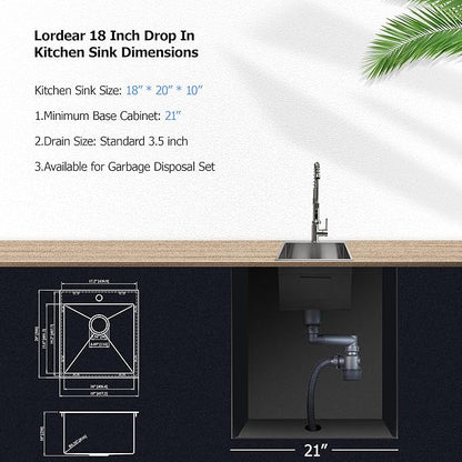 Lordear 18x20x10 inch Drop in Kitchen Sink Topmount Bar Sink 16 Gauge Single Bowl Stainless Steel Bar Outdoor Sinks