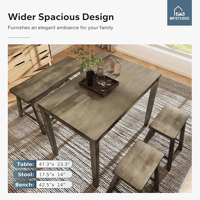 MFSTUDIO Dining Table Set for 4, Counter Height Table and Chairs, Kitchen Table Set with Bench, Breakfast Bar Table and Chairs Set Space Saving, Smoky Brown