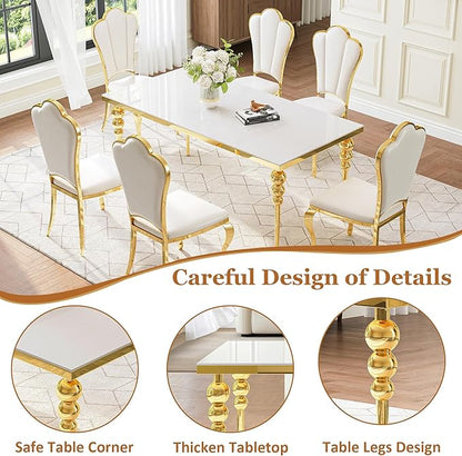 Luxurious 7 Piece Dining Table Set, 70 Inch White Glass Kitchen Table and 6 White Petal Back Chairs with Gold Stainless Steel Legs, for Dining Room, Living Room, Restaurant