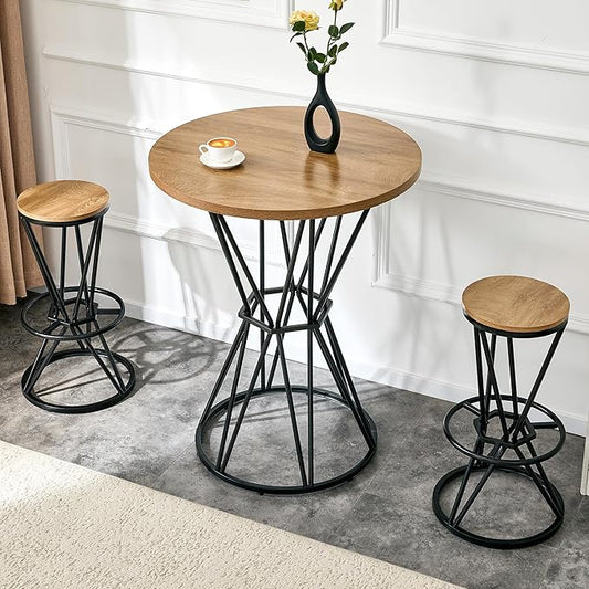 Industrial 3-Piece Bar Counter Set – 31.5" Round MDF Table & 2 Rust-Resistant Metal Bar Stools with Foot Pedals | Perfect for Small Apartments, Kitchen Islands, Home Bars (Black,Wood)