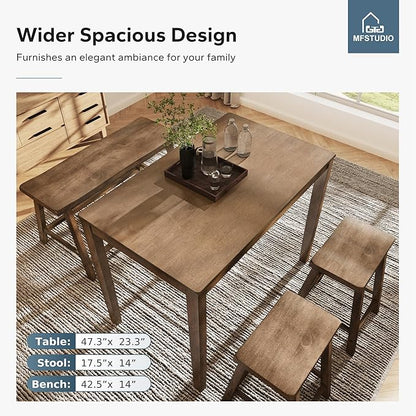 MFSTUDIO Dining Table Set for 4, Counter Height Table and Chairs, Kitchen Table Set with Bench, Breakfast Bar Table and Chairs Set Space Saving, Rustic Caramel