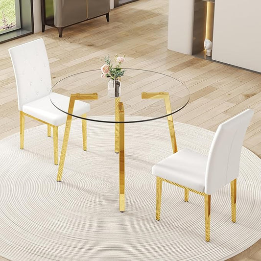 Round Glass Dining Table Set with 2 White PU Chairs, 42 Inch Diameter Clear Tempered Glass Top with Gold Metal Legs, Grid Quilting Design for Modern Dining Room and Kitchen