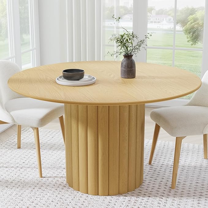 Casaphoria 52" Round Dining Table, Modern Wood Kitchen Table with Cylindrical Wide Bar Protruding Base for Living Room & Dining Room, Easy Assembly Farmhouse Furniture for 4-6, Oak