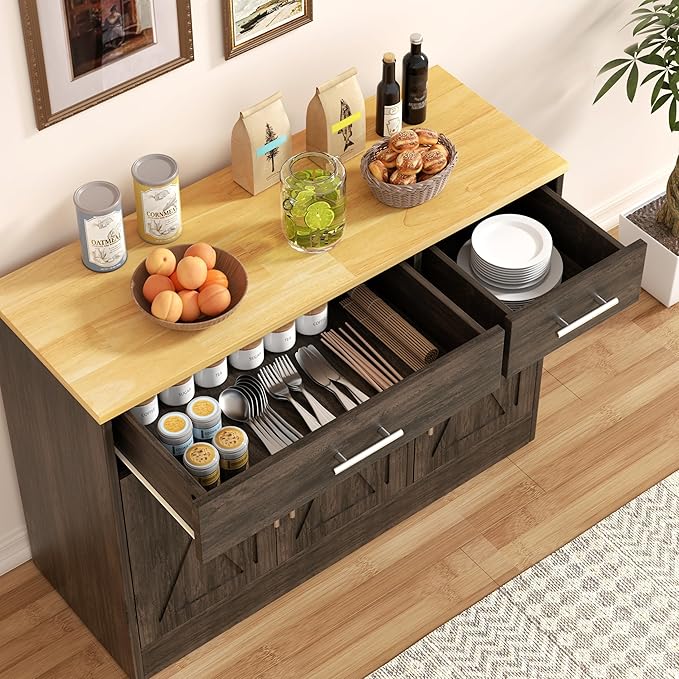 Shintenchi 3 Doors Farmhouse Sideboard Buffet Cabinet,42" Barn Doors Buffet with Storage,Wood Coffee Bar Cabinet with Adjustable Shelf for Kitchen,Living Room,Brown