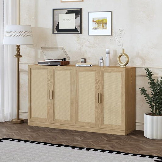Casaphoria Adam Sideboard Buffet Cabinet with Storage, Sideboard Cabinet with Rattan Doors & Adjustable Shelves, 62" W x 36" H Coffee Bar for Entryway Kitchen Living Room, Oak