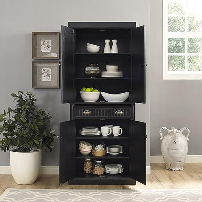 Crosley Furniture Seaside Coastal Pantry Storage Cabinet with Shelves, Kitchen, Dining, or Laundry Room, Distressed Black