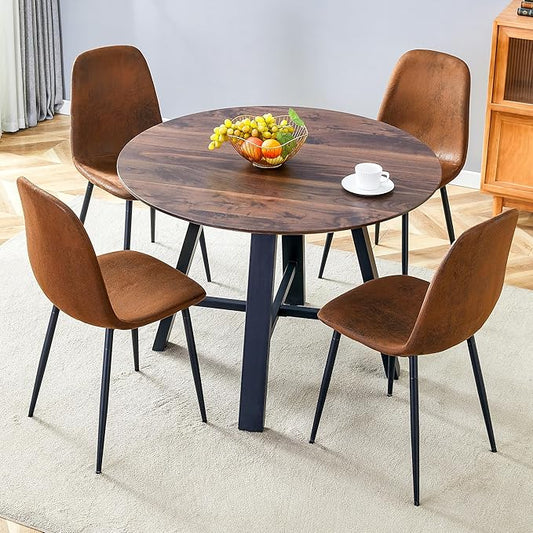 Round Dining Table Set for 4 People, 42 Inch Diameter with Dark Walnut Textured MDF Top and Black Metal Legs, Includes Brown Technology-Fabric Chairs for Kitchen and Dining Room