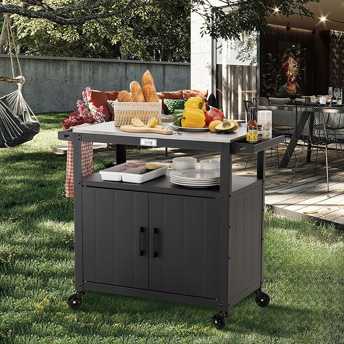 Feasto Outdoor Grill Cart with Stainless Steel Tabletop and Storage Cabinet, Movable Kitchen Island with Wheels for BBQ Food Prep, Black
