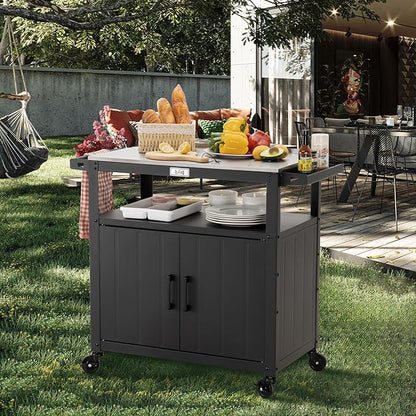 Feasto Outdoor Grill Cart with Stainless Steel Tabletop and Storage Cabinet, Movable Kitchen Island with Wheels for BBQ Food Prep, Black