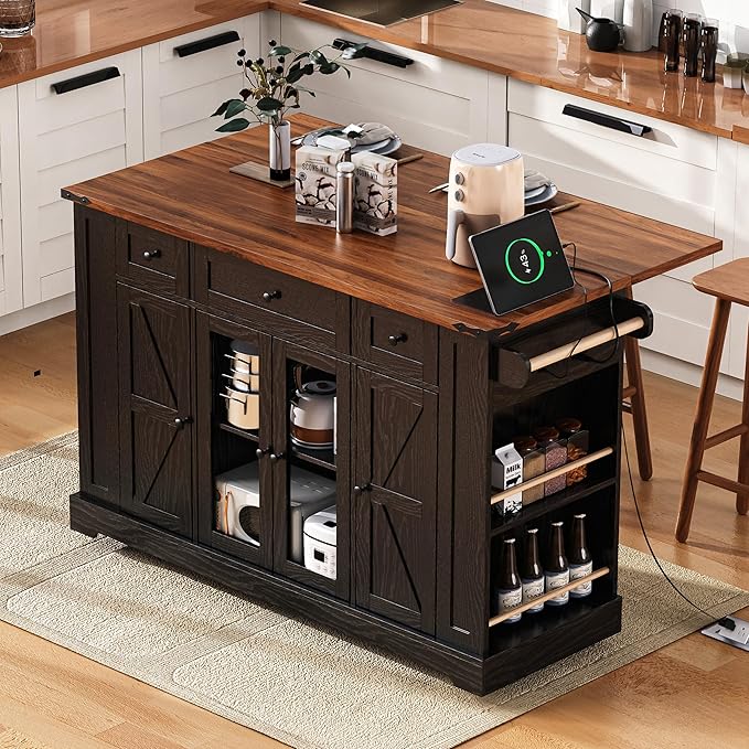 GOWE K&K 53'' Farmhouse Kitchen Island with Two Tempered Glass Cabinet Doors, Power Outlet, Rolling Kitchen Cart on Wheels with Drop Leaf, 5 Open Side Racks, 3 Drawers, for Kitchen, Dining Room, Black