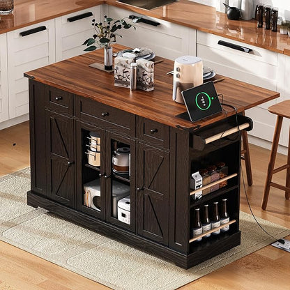 GOWE K&K 53'' Farmhouse Kitchen Island with Two Tempered Glass Cabinet Doors, Power Outlet, Rolling Kitchen Cart on Wheels with Drop Leaf, 5 Open Side Racks, 3 Drawers, for Kitchen, Dining Room, Black
