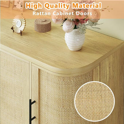 HUAHUU 47.2" Sideboard Buffet Cabinet with Storage, Sideboard Cabinet with 4 Rattan Doors, Adjustable Shelf & Metal Legs, Multifunctional Storage Cabinet for Kitchen, Living Room, Entryway, Oak