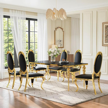 Glass Dining Table Set for 6 with 70" Rectangular Black Glass Kitchen Table, 7 Piece Dining Room Set with 6 Black Oval Back Upholstered Chairs for Living Room, Restaurant
