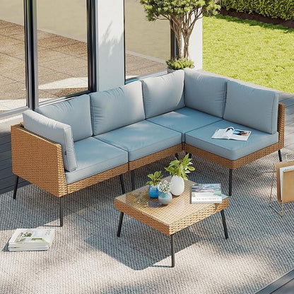 Aoxun Patio Furniture Set, 5 Piece Outdoor Sectional Sofas with Thick Cushion, Wicker Outdoor Patio Furniture Set with Coffee Table for Party, Garden, Backyard, Grey
