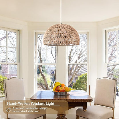 17.6 inch Hemp Rope Woven Pendant Light Wicker Pendant Light 3-light Rattan Light Fixture Boho Chandelier Farmhouse Chandelier Dome Pendants Light for Dining Room Bedroom Kitchen(Bulb Incl
