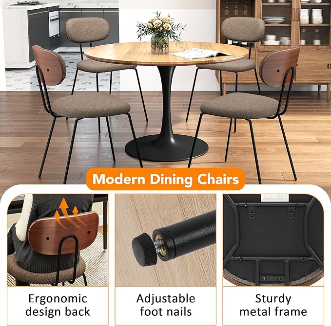 LSSPAID Dining Chairs Set of 4, Linen Fabric Upholstered Dining Room Chairs with Walnut Bentwood Back, Mid-Century Modern Kitchen Chairs with Adjustable Feet Pads, Coffee