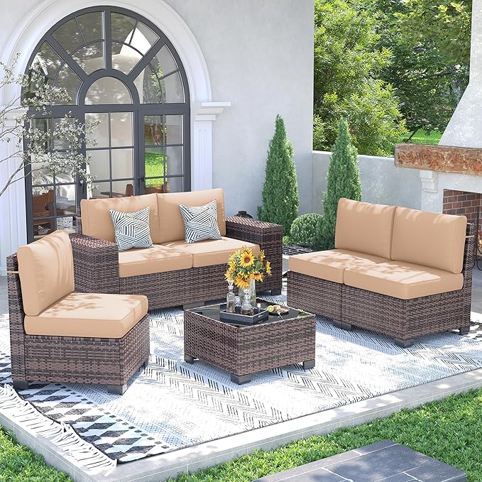 UDPATIO Patio Furniture Set, 8 Inch Armrest Outdoor Sectional Sofa with Wicker Coffee Table, 6 Piece Conversation for Garden, Backyard, Khaki