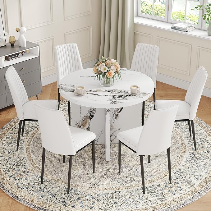 42" Solid MDF Island Table, Rustic Dining Table with Multi-Purpose, Farmhouse Dining Table with Modern Style for 4-6 Person Dining, White