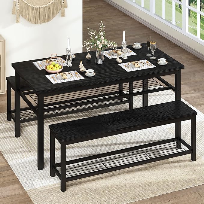 AWQM 43.3" Dining Table Set for 4, Kitchen Dining Table with 2 Benches, Dining Room Table Set with Metal Frame & Storage Rack for Kitchen, Restaurant, Black