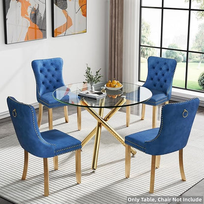 SSLine 35.4" Round Glass Dining Table for 2-4 Modern Circle Glass Tabletop Kitchen Table for 4 Luxury Dinner Tables with Gold Metal Legs for Home Kitchen Dining Room(Table Only)