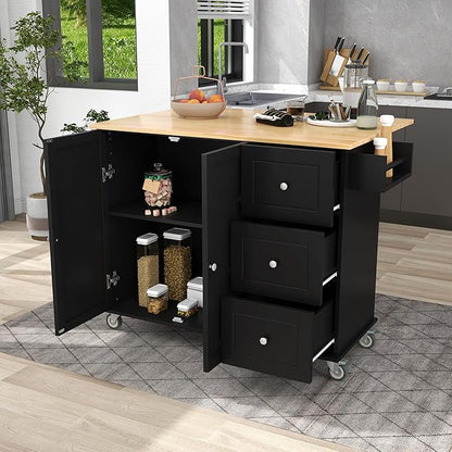 GOWE Rolling Mobile Kitchen Island with Solid Wood Top and Locking Wheels,52.7 Inch Width,Storage Cabinet and Drop Leaf Breakfast Bar,Spice Rack, Towel Rack & Drawer (Black)